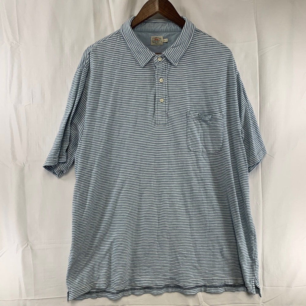 Faherty Polo Shirt Mens XXL Blue Striped‎ Indigo Dyed Short Sleeve Pocket Cotton